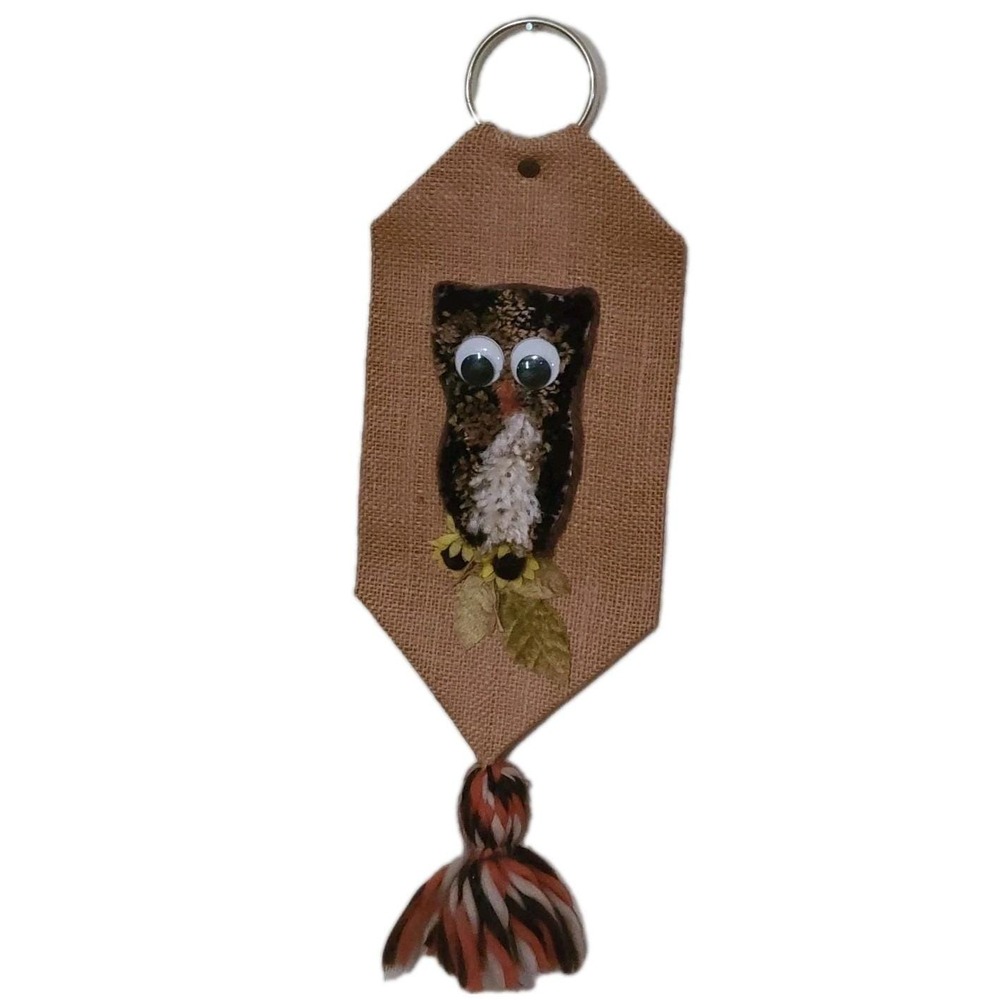 Vintage‎ Folk Art Burlap Wall Hanging Carpet Tapestry Brown Owl Googly Eyes
